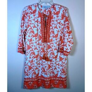 Bella Tu Orange Floral Print Tunic Dress Tassel Accent Size M Cotton